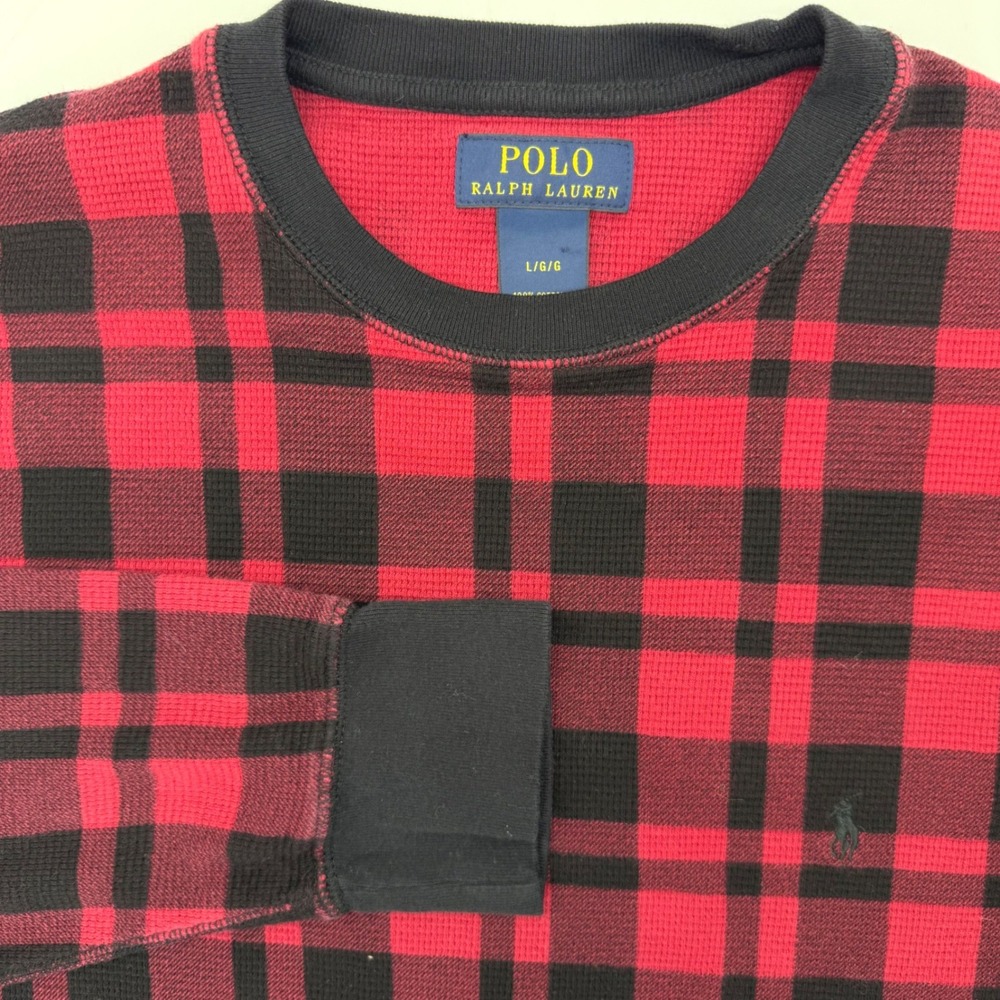 Polo Ralph Lauren Shirt Mens L Red Black Buffalo Plaid Thermal Waffle Knit Pony
